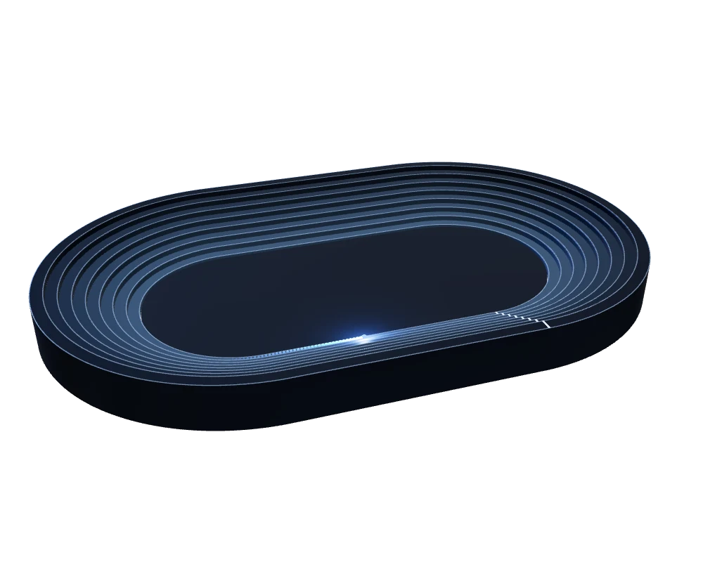 A 3D athletics track: eight terraced lanes, with a light running lane one